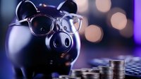 Black piggy bank wearing glasses with stacked coins on laptop keyboard representing financial planning, savings goals, and investment education concepts.