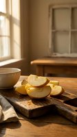 Fresh apple slices on rustic wooden cutting board in warm sunlit kitchen with ceramic bowl and vintage cabinet background for healthy cooking concepts.