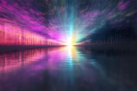 Vibrant sunset reflection over calm water with dramatic pink and purple aurora-like sky creating ethereal light rays and mirror effect on dark surface.