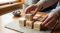 Person arranging wooden blocks with brain, people and tree symbols on desk representing mental health, teamwork and growth concepts for business presentations.