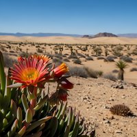 Vibrant desert flower blooms in arid landscape with mountains and clear blue sky. Colorful succulent plant thrives in harsh desert environment.