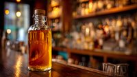 Amber whiskey in glass bottle on wooden bar counter with blurred liquor shelf background, warm atmospheric lighting for beverage photography.