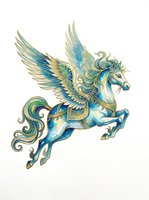Ornate winged horse with blue and gold decorative details, isolated on transparent background. Ready for t-shirts, stickers, clipart, sublimation, and print-on-demand designs.