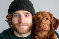 Young Caucasian man with ginger beard wearing knit beanie and green sweater poses with brown cocker spaniel dog. Close up portrait showing bond between pet and owner.