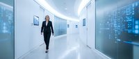 Businesswoman walking through modern futuristic corridor with digital data displays, representing corporate technology innovation and professional advancement in contemporary workplace.
