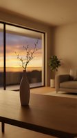 Modern living room interior with wooden table, ceramic vase with branches, large window showing sunset view, minimalist home decor and warm ambient lighting.