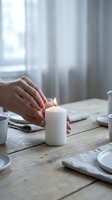 Hands lighting white candle on rustic wooden table with soft natural light from window creating peaceful atmosphere for relaxation and mindfulness.