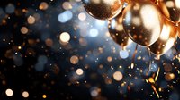 Festive gold and silver balloons with glowing bokeh lights and falling confetti on dark background create magical celebratory atmosphere.