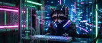 Cyberpunk raccoon hacker in futuristic neon-lit control room with holographic displays and advanced technology interface for sci-fi gaming concepts.