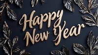 Elegant golden Happy New Year text with silver metallic leaves on dark background creates luxurious holiday greeting composition for festive celebrations.