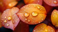 Fresh orange autumn leaves with water droplets in morning light creating natural bokeh effect, macro photography showing detailed dewdrops on foliage surface.