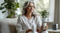 Mature woman with long gray hair and light skin tone, wearing a white long-sleeve shirt, sitting on a beige sofa in a bright living room with potted plants, holding a smart home device and coffee mug.