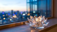 Crystal lotus flower candle holder on windowsill with city lights bokeh background at dusk creating peaceful meditation atmosphere for home decor and wellness.