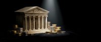 Classical bank building with golden coins stacks on dark background representing financial institution, banking services, investment and monetary wealth concept.
