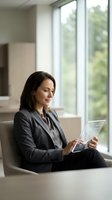 Professional businesswoman in gray suit using tablet computer while sitting in modern office lounge area with large windows and natural lighting.