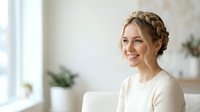 Young woman with light brown hair in braided updo, Caucasian ethnicity, wearing cream sweater, smiling at camera in bright modern interior with plants and natural light.