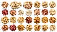 Assorted legumes and nuts including chickpeas, peanuts, lentils, and beans isolated on white background, ready for food packaging and culinary design projects.