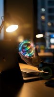 Businessman holding glowing holographic success dashboard with charts and graphs in modern office workspace at night for business analytics and growth visualization.