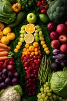 Fresh fruits and vegetables arranged in a colorful rainbow pattern with citrus slices at the center, showcasing healthy eating and nutritional variety.