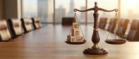 Scales of justice with wooden blocks on conference table in modern law office boardroom during golden hour sunset lighting for legal consultation meetings.