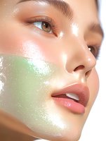 Close-up of glowing skin with holographic green shimmer highlighting cheek area, plump glossy lips, and amber eye showing modern beauty and skincare trends.