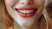 Close up of bright red lipstick and white teeth smile on young woman with blonde hair, beauty and cosmetics concept for dental care and makeup advertising.