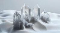 Clear quartz crystal points emerging from soft white misty surface, creating ethereal mineral formation with translucent geometric shapes in mystical foggy atmosphere.