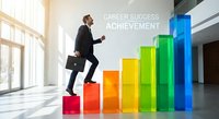 Professional African American businessman in suit climbing colorful bar chart steps in modern office lobby representing career growth and success.