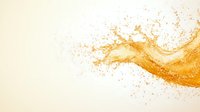 Dynamic splash of golden liquid with scattered droplets flowing horizontally against light background, creating energetic motion and abstract pattern.