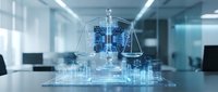 Digital justice concept with holographic scales and legal technology interface in modern office environment for law firm presentations.