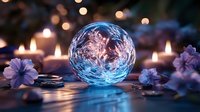 Crystal ball with frozen patterns surrounded by glowing candles and delicate purple flowers creates magical atmosphere on reflective surface in evening light.
