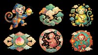 Cute Chinese zodiac monkey set with colorful traditional folk art style, isolated on transparent background, ready for stickers, T-shirts, print on demand, and sublimation.