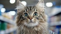 Close up portrait of long-haired tabby cat with bright blue eyes and fluffy fur looking up against blurred bokeh background. Feline expression shows curiosity and alertness.