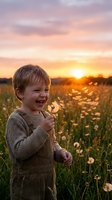 Young Caucasian boy laughing joyfully in dandelion field at golden sunset, wearing brown knit sweater and overalls, expressing happiness and childhood wonder in nature.