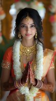 Young South Asian woman in traditional red and gold wedding sari with ornate jewelry, henna hands in prayer pose, jasmine garland for cultural celebrations.