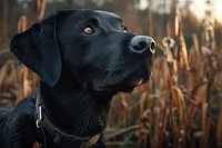 Black Labrador retriever dog with attentive expression in golden hour light among dry reeds, wearing collar, close-up portrait in natural outdoor setting.