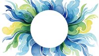 Watercolor floral frame with flowing blue and green petals surrounding white circle space for text or logo design on transparent background.