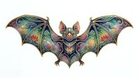 Ornate bat with colorful decorative patterns and swirling designs on wings, isolated on white background, suitable for Halloween graphics, tattoo inspiration, and decorative artwork projects.