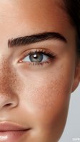 Close-up of a young woman's face showing natural freckles, blue eye, groomed eyebrow and minimal makeup against white background, emphasizing natural beauty.