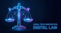 Digital justice scales with glowing neon circuit patterns representing legal technology innovation and modern law practice on dark background.