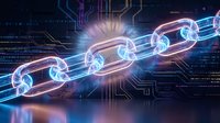 Glowing blockchain chain links with digital circuit board background representing cryptocurrency, fintech and distributed ledger technology concepts.