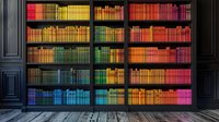 Colorful rainbow-organized bookshelf in modern library interior with black wooden panels, featuring spectrum arrangement from blue to red creating stunning visual display for home or office decor.