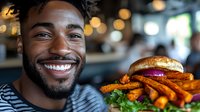 Young African American man with bright smile and beard wearing striped shirt, sitting at restaurant with gourmet burger and sweet potato fries on wooden table.