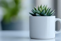 Small green succulent plant growing in white ceramic coffee mug on minimal background with soft focus. Modern home decor and indoor gardening concept.