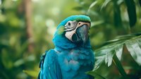 Vibrant blue and gold macaw parrot in natural tropical setting with lush green foliage background, close-up portrait showing detailed feathers and curved beak.