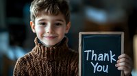 Young Caucasian boy in brown turtleneck sweater holding small chalkboard with Thank You message written on it, expressing gratitude with genuine smile.