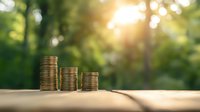 Stacks of golden coins arranged in descending order against blurred green nature background with sunlight, representing financial growth and investment success.