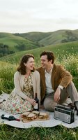 Young couple enjoying a romantic picnic in rolling green hills, sharing food and wine while sitting on grass with vintage radio and books nearby.
