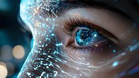 Close up view of eye with digital technology overlay and glowing blue circuit patterns reflecting futuristic artificial intelligence concept in dark background.