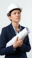 Female engineer or architect wearing white hard hat and navy blazer, holding rolled blueprints, looking upward thoughtfully against white background. Isolated professional portrait for construction, engineering, and business design use.